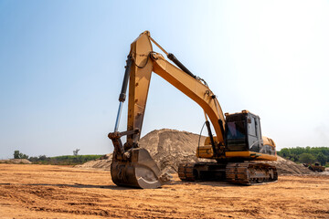 Excavator working at sandpit. sand industry. construction site.