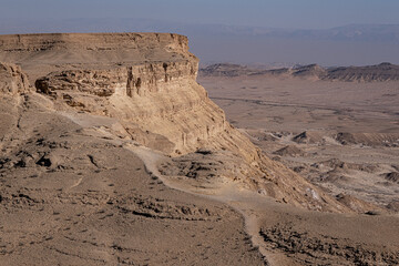 Aerial view of the Ramon Crater below as seen from the summit of Mount Ardon Ramon Crater, Negev Desert, Southern Israel, Israel.	