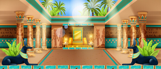 Egypt temple interior, vector Egyptian ancient palace background, pyramid tomb, stone column, throne. Old civilization hall, golds mural silhouette, Anubis statue, palm. Egypt temple game illustration