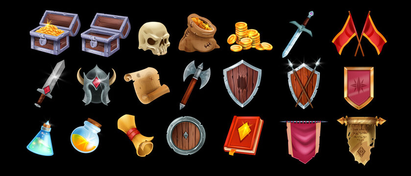 Fantasy game vector icon set, medieval UI game badge, wooden warrior shield, full gold chest, potion. Magic RPG objects kit, knight weapon, iron helmet, old papyrus, standard. Game icon collection