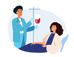 Blood Donation.Female Character Donate Blood for Diseased,Hurt,Injured People,Female Nurse Taking Lifeblood into Plastic Container.Donor Sit in Medical Chair in Clinic.Cartoon Flat Vector Illustration