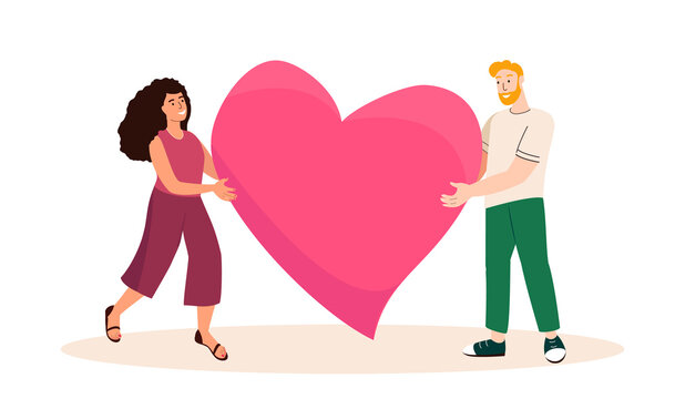 Characters Donate Concept Tiny Men and Woman Give Hearts. Charity, Social Aid, Money Donation Volunteer Support, Sponsorship Service, Volunteering Humanitarian Team. Cartoon People Vector Illustration