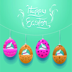 Happy Easter Day. Hanging Easter Eggs with Different rabbits. Easter Background