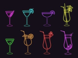 Neon alcohol cocktail collection. Vector illustration isolated on dark background