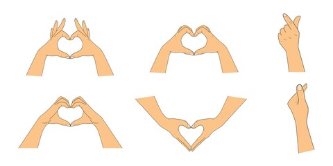 Collection of gestures in the shape of a heart. Vector illustration isolated on white background