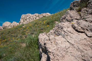 Beautiful mountain landscape. Journey in the spring. Green meadows against the blue sky.