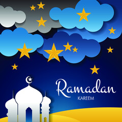 Ramadan Kareem greeting with mosque and hand drawn calligraphy lettering which means ''Ramadan kareem'' on night cloudy background.