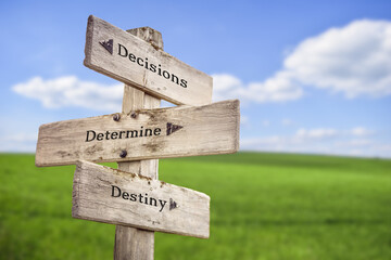 decisions determine destiny text quote on wooden signpost outdoors on green field with blue sky.