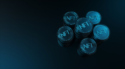 NFT non-fungible token. Crypto currency. Digital cryptoart. 3D rendering of a coin with NFT symbol. Digital technology concept. 3d illustration.