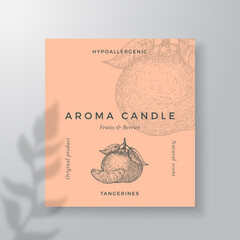 Aroma candle vector label template. Tangerine scent from local purveyors advert design Ink style sketch background layout decor. Natural smell product package text space