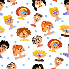 Seamless pattern. set of emotion faces. People avatar. Doodle