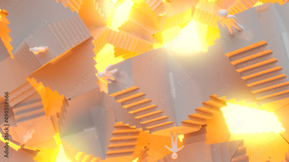 Poster abstract image of people and many stairs corridors,abstract images of multiple staircases convey sto