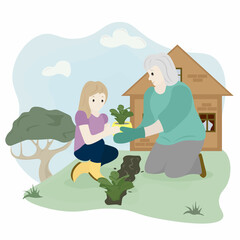 elderly woman and girl planting flowers in the garden