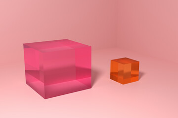 Glass pink and yellow cubes in the corner of the pink room. A stage for placing objects. 3D render.