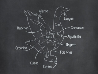 Foire au gras, découpe viande de canard sur le tableau noir