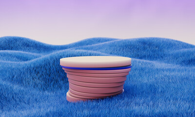 Blue grass field with red cilinders. Podium. Summer landscape scene mockup. 3d illustration