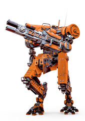 yellow combat mech load a gun in a white background