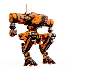 yellow combat mech in a white background in staic pose with copy space © DM7