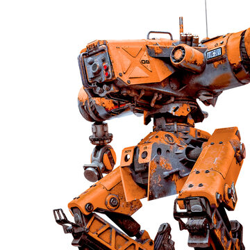 yellow combat mech in a white background side view close up
