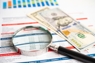 Magnifying glass on charts graphs spreadsheet paper with US dollar banknotes. Financial development, Banking Account, Statistics, Investment Analytic research data economy.