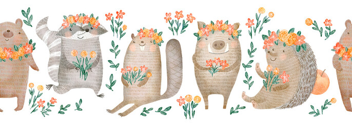Forest Animals Seamless Border in Watercolor. Baby bear, raccoon, boar, beaver, hedgehog with flower crowns, boquets and leaves on white background. Cute cartoon style. For wallpapers, nursery decor. © Olga