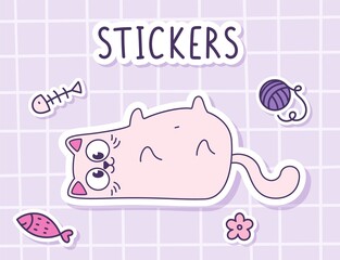 Cute cartoon funny cat lying on his back. Sticker of a cat with toys on a checkered background. Label Sticker.