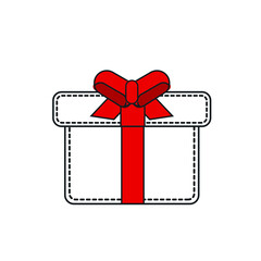 Outline Holiday or Sale Gift Icon Design. Vector Gift with dashed line and red satin ribbon bow. Isolated on white background. Happy Birthday, Black Friday, Mother's Day, Valentines Day or Sale Icon