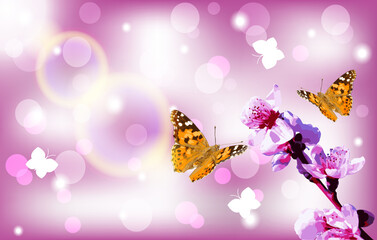 Butterflies - Painted Lady - Vanessa Cardui fly to the blossoming sprig of peach tree.Vector illustration.