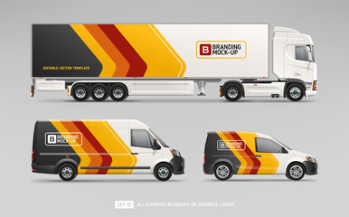 Vector Truck Trailer, Cargo Van, Freight Car with branding design - realistic mock-up set. Abstract stripes graphics design for Business Corporate identity. Company Cars. Delivery Transport mockup - obrazy, fototapety, plakaty