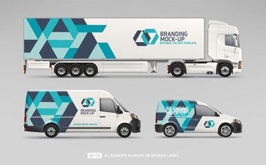 Truck Trailer, Cargo Van, Delivery Car with branding design - realistic mock-up set. Abstract vector geometric graphics design for Business Corporate identity. Company Cars. Delivery Transport mockup - obrazy, fototapety, plakaty