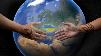 extending hand to unite russia and ukraine to make peace on the earth background.