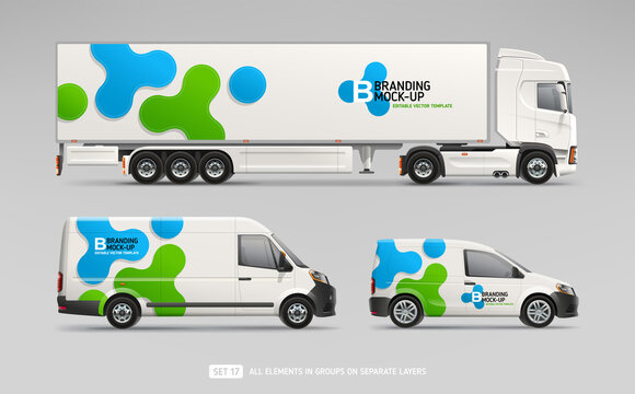 Vector Truck Trailer, Cargo Van, Freight Car with branding design - realistic mock-up set. Abstract geometric graphics design for Business Corporate identity. Company Cars. Delivery Transport mockup