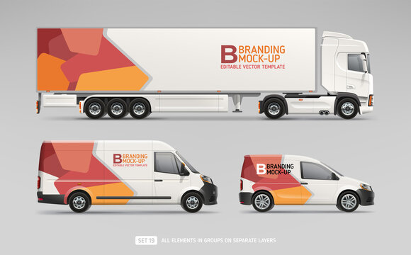Vector Truck Trailer, Cargo Van, Freight Car with branding design - realistic mock-up set. Abstract geometric graphics design for Business Corporate identity. Company Cars. Delivery Transport
