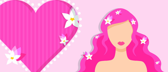 Vector Card Design 8 March international women's day template Women's day animation concept template for multiple uses A beautiful woman with pink hair and flowers Happy women's day greeting text