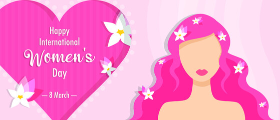 Vector Card Design 8 March Happy international women's day card Women's day animation concept template for multiple uses A beautiful woman with pink hair and flowers Happy women's day greeting text
