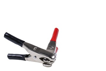 Closeup view of clips for charging battery isolated on white background. Sweden.