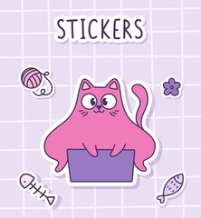 A cute cartoon funny cat sitting in a box. Sticker of a pink cat with toys on a checkered background. Label Sticker.