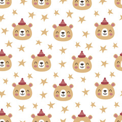Winter seamless pattern with bear, forest elements and hand drawn shapes. Childish texture for fabric, textile.