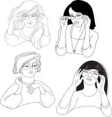 Portraits of young women with glasses. Set of linear people.