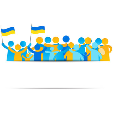 Together with Ukraine. A simple illustration with people in the form of icons, symbols showing solidarity with Ukraine and victory over the occupant. No war. "