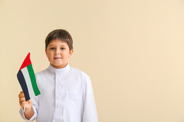 Cute little boy with national flag of UAE on light background