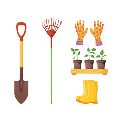 Set Garden working tools. Shovel, rake, rubber boots, gardening gloves, wooden box with seedlings. Equipment. Gardening, housekeeping. Vector illustration for poster, banner, cover, card