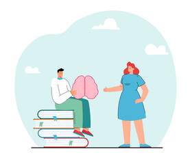 Student sitting on stack of books and holding brain. Boy learning information from teacher flat vector illustration. Education, knowledge concept for banner, website design or landing web page