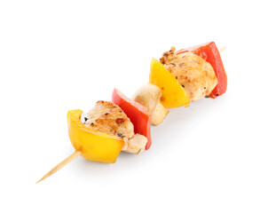 Grilled chicken skewer with vegetables isolated on white background