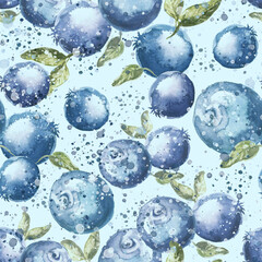 seamless pattern with forest botany. Watercolor background with blueberry, leaves, berries and Black currant for design, fabric, paper, wallpaper, packaging. Hand drawn illustration. honeysuckle 