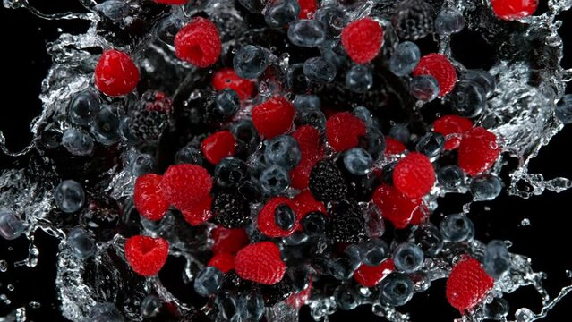 Super slow motion shot of rotating exploded berries fruit with splashing water on black at 1000fps.