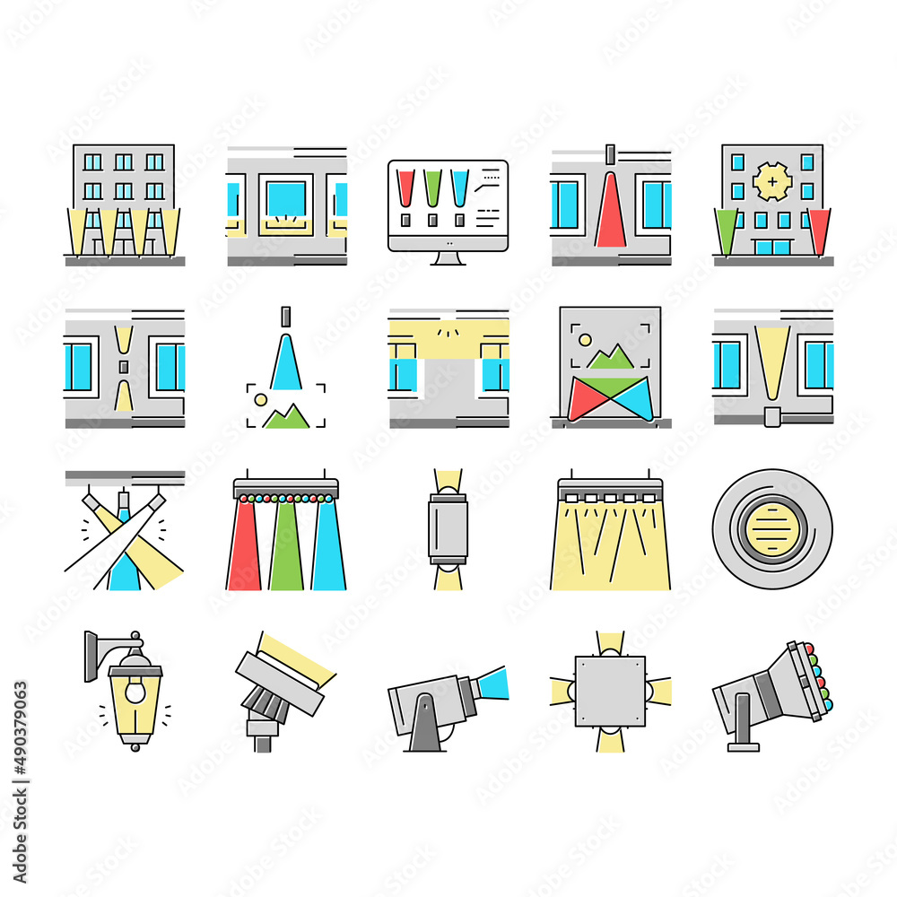 Poster facade lighting tool collection icons set vector .