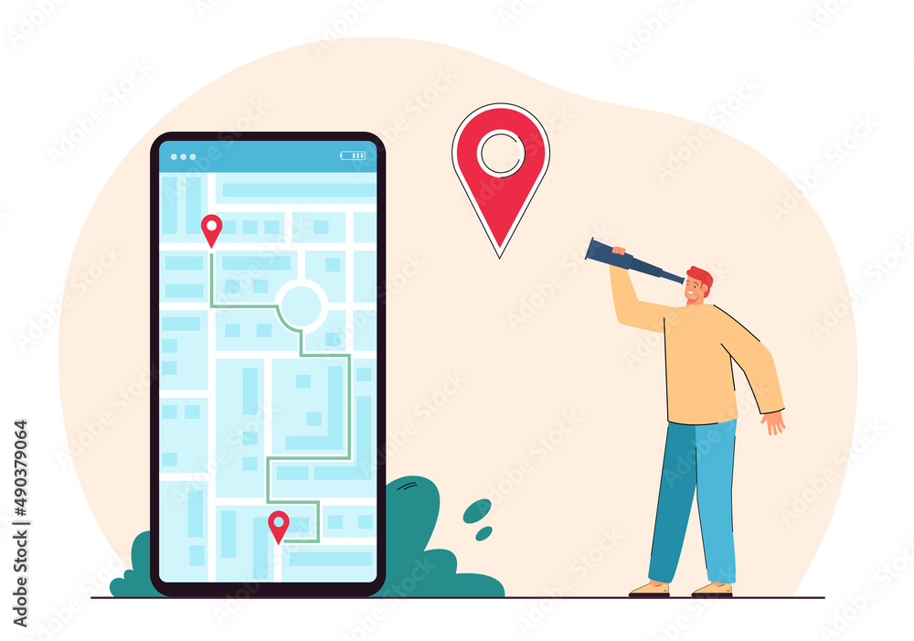Poster tiny man with spyglass next to big phone with city map on screen. mobile app showing route to destin