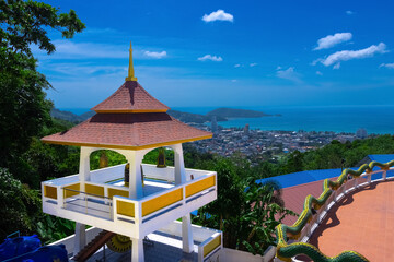 Buddah temple with beautiful views from top of mountain of Patong Phuket Thailand. 