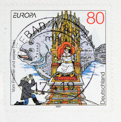 briefmarke stamp gestempelt used frankiert cancel vintage retro märchen fairy tale fischer und seine frau flunder königin queen fish 80